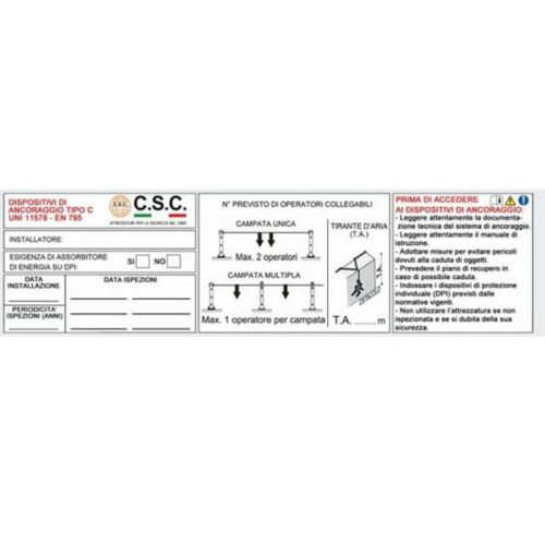 Targhetta in alluminio installazione linea vita deformabile