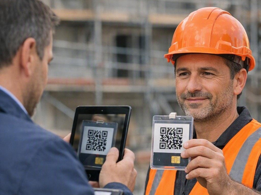 Ispettore verifica il badge digitale di un lavoratore in cantiere tramite scansione QR code
