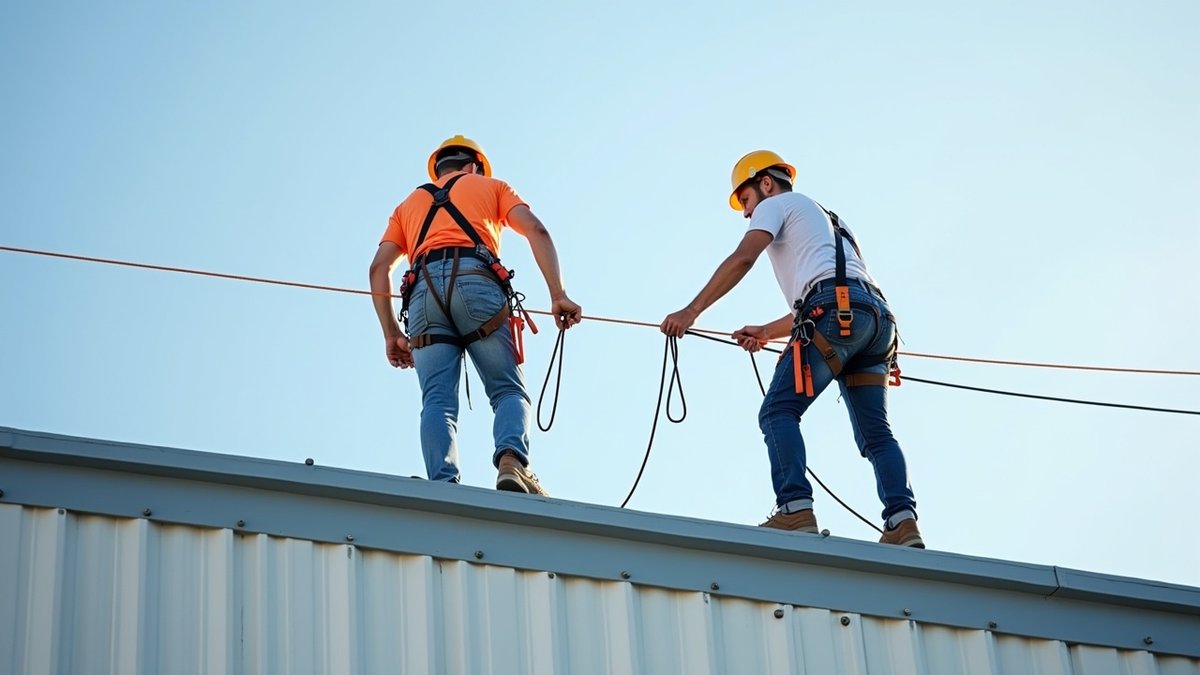 Lavoratori impegnati in lavori di manutenzione su copertura inclinata con punti di ancoraggio
