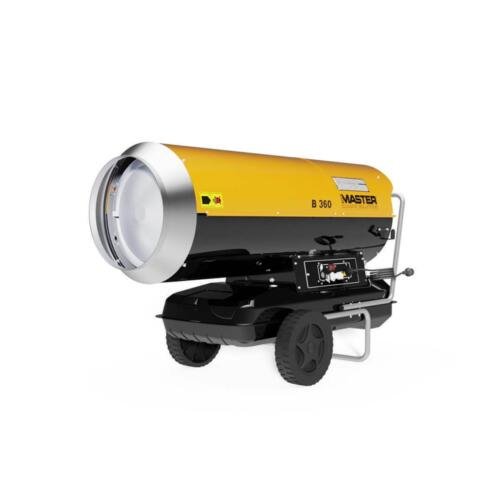 Master Generatore Aria Calda a Gasolio Diretto B 360 da 111 kW industriale con carrello su fondo bianco