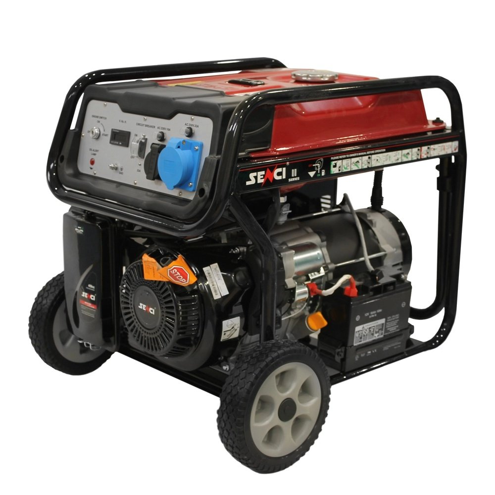 Generatore di corrente monofase a benzina Senci SC10000-E da 8,5 kW potenza massima con avviamento elettrico a chiave e ruote di movimentazione