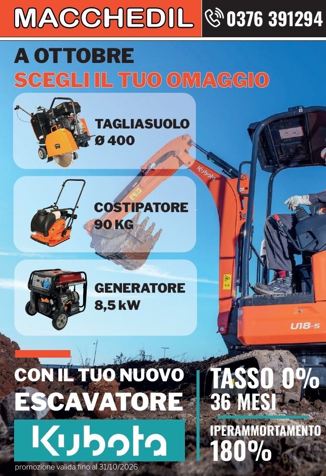 Locandina promozionale ottobre Macchedil Kubota con tasso zero 36 mesi e iperammortamento 180%
